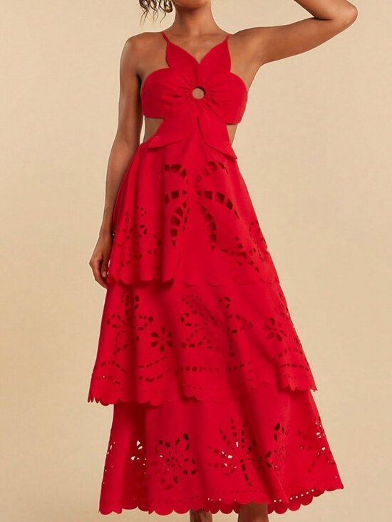 Dresses & Skirts - Red Boho Women's Woven Multi-Layer Ruffle Hem Spaghetti Strap Backless Dress
